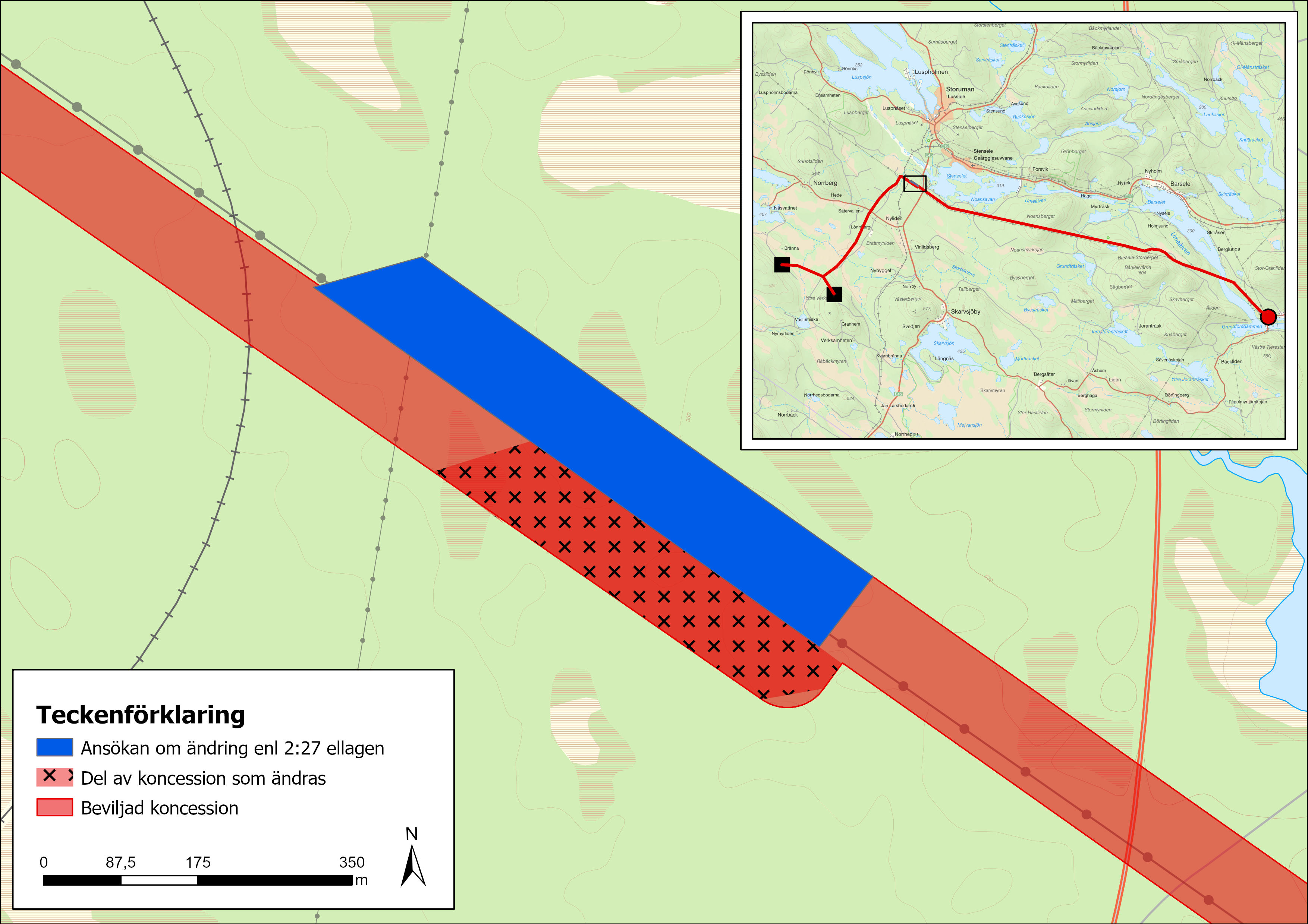 Karta som visar område för ansökan om ändrad koncession