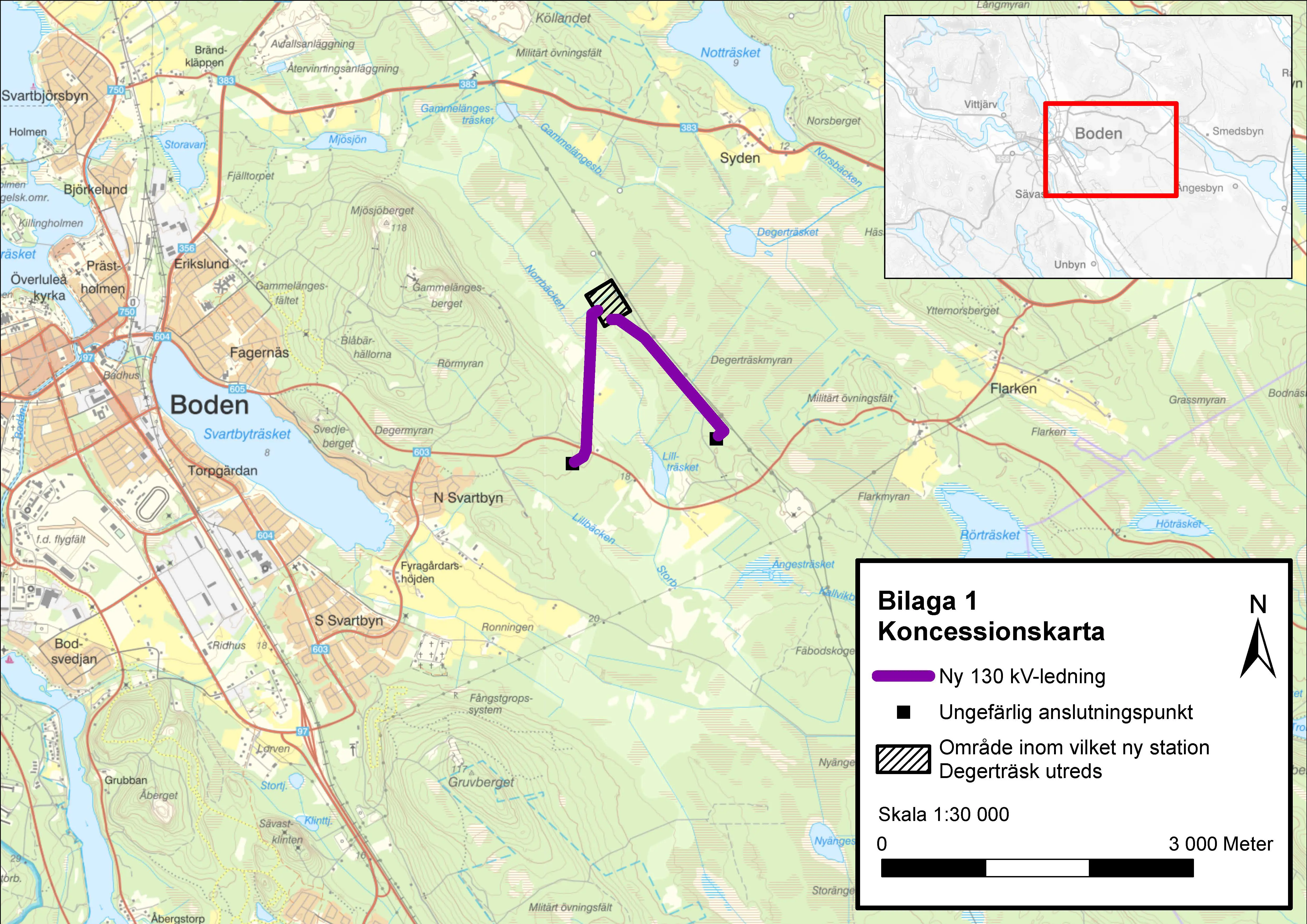Karta över ledningssträcka väst och öst enligt koncession