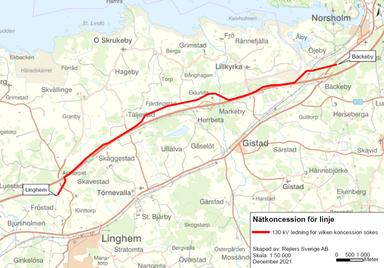 Karta sträckning Linghem-Bäckeby 130 kV-ledning