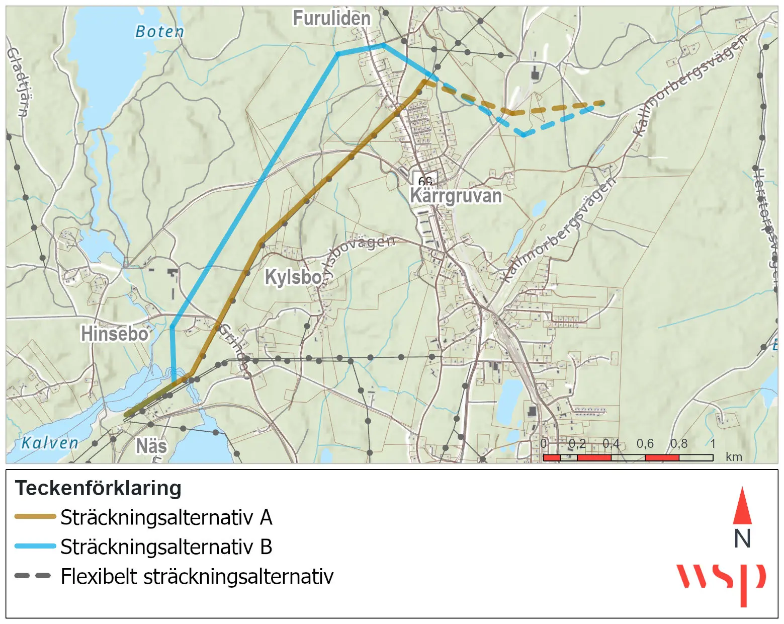 Sträckningsalternativen för projektet Norberg- Gruvan