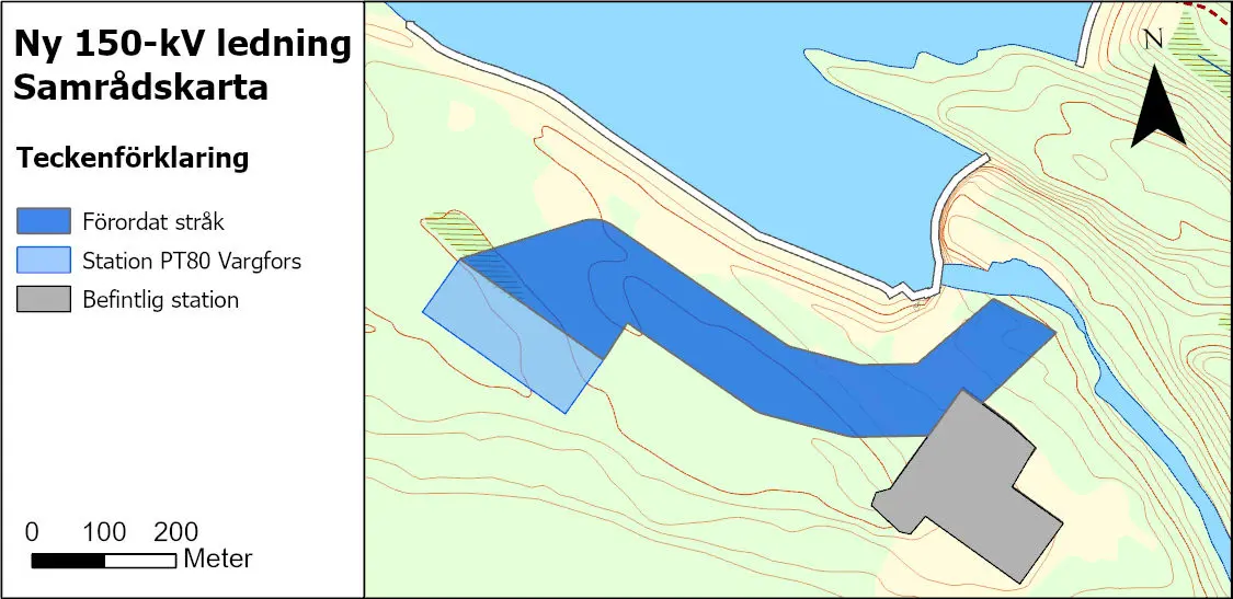 Karta över var den nya 150kV ledningen förordas