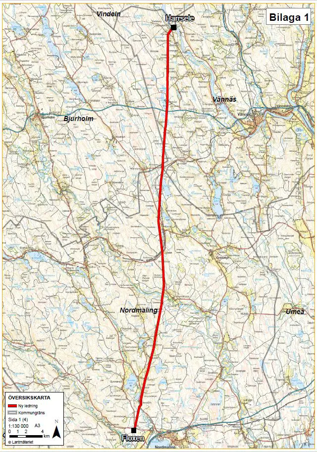 Karta över Harrsele -Floxen ledningssträckning